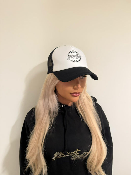 White & Black Statement Goat Cap with Black logo